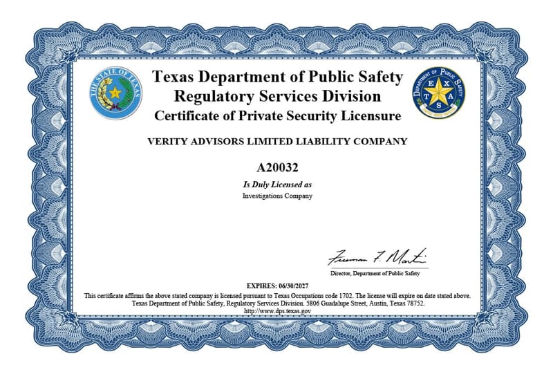 Texas Department of Public Safety certificate of private security licensure for Verity Advisors Limited Liability Company, license A20032, investigations company